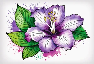 An outline of a rio dipladenia flower with green pedals and a purple watercolor splash in the background tattoo idea