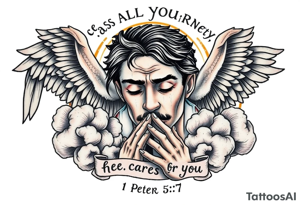 cast all your anxiety on him because he cares for you"  1 peter 5:7 surrounded with clouds and angels and praying hands tattoo idea