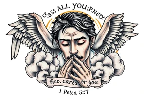 cast all your anxiety on him because he cares for you"  1 peter 5:7 surrounded with clouds and angels and praying hands tattoo idea