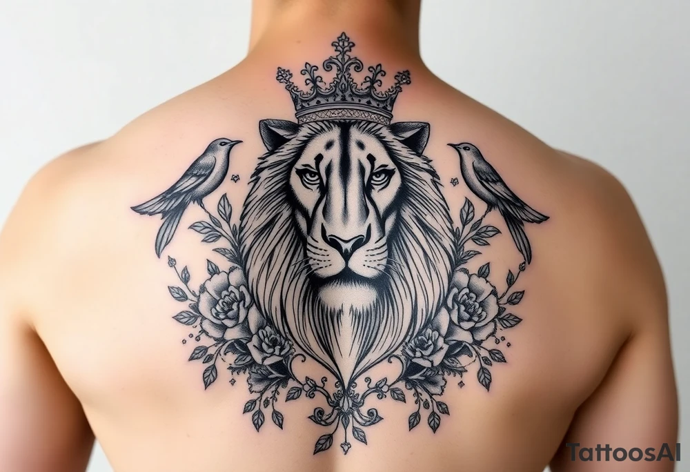 powerful majestic lion with a crown, surrounded by floral ornaments and birds tattoo idea
