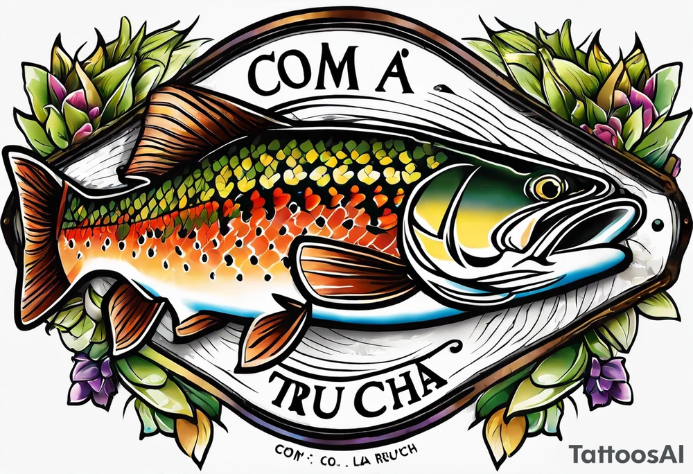 A small tattoo with a shaded trout and text that says, 'Como la trucha...' drawn with fine lines." tattoo idea