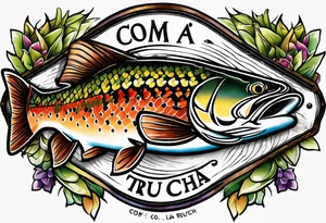 A small tattoo with a shaded trout and text that says, 'Como la trucha...' drawn with fine lines." tattoo idea