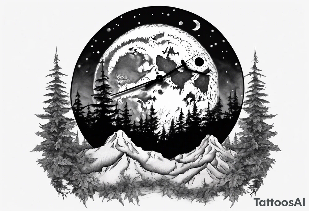 A moon with a face of clock mountain in the back ground tress in front of the moon tattoo idea