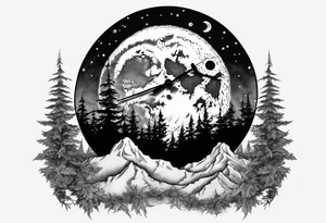 A moon with a face of clock mountain in the back ground tress in front of the moon tattoo idea