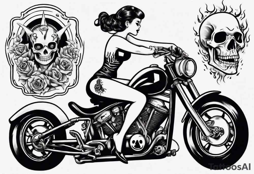 pinup doll riding a motorcycle through flames and skeletons tattoo idea