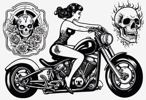 pinup doll riding a motorcycle  through flames and skeletons tattoo idea
