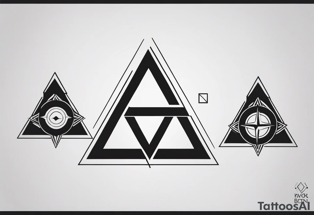 “Generate a minimalist tattoo design with three filled-in shapes arranged in a triangle formation. The top shape should be a geometric heart representing health, the bottom left a compass rose symbolizing purpose, and the bottom right three circles forming a triangle to signify family. The design should focus solely on the filled-in shapes without any additional ornaments, emphasizing simplicity and clean lines.” tattoo idea