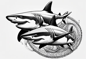 2 nautical style sharks wrapped around the knee in a circular pattern no background tattoo idea