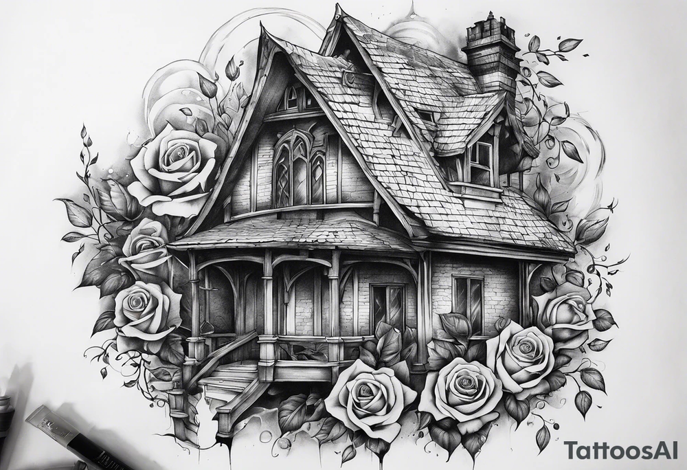 fool sleeve,, abandoned old gotic house, broken sword, roses, tattoo idea
