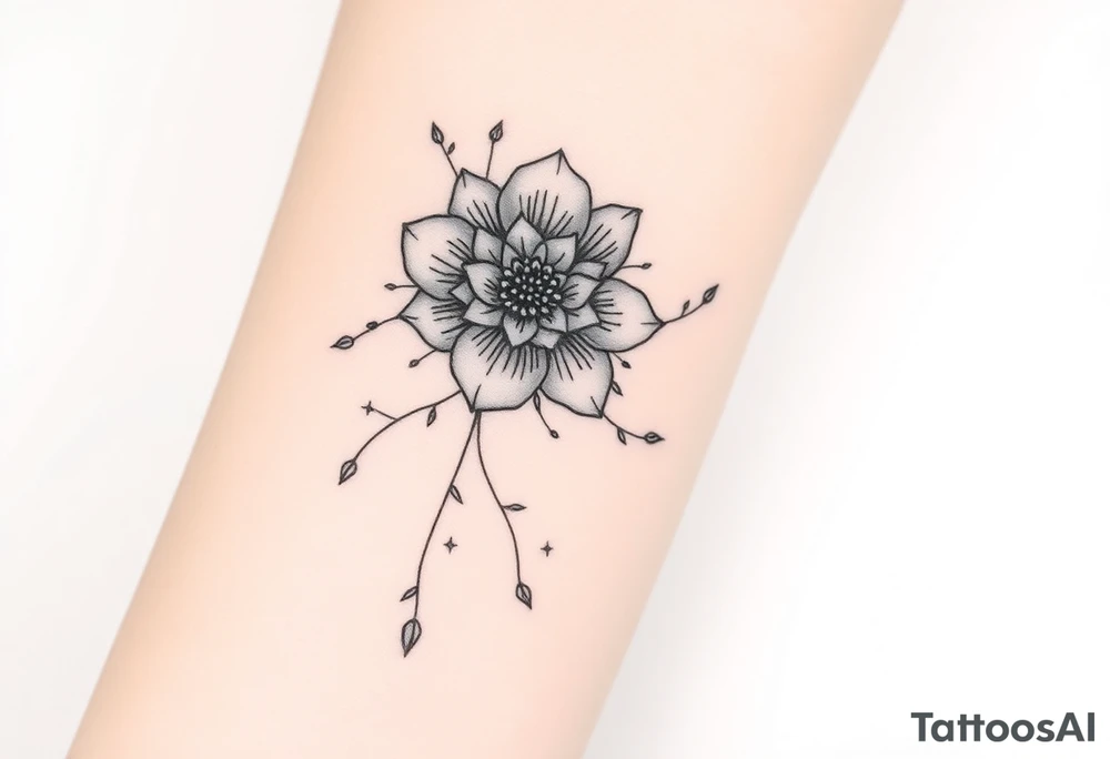 I want it on my wrist. I want a beautiful flower on the inside of my wrist with tendrils down the inside of my arm with little delicate stars or motes and the name Zoey

Why are you showing it on a back? I want it on the inside of my wrist

I want it to be a little smaller. I want the lines to be super fine. I want more organic delicate tendrils. The name Zoey should be about 3" up on the inside of my arm 

I just want the tendrils to look more natural and flowy and graceful.
I do not want stars in it anymore. tattoo idea
