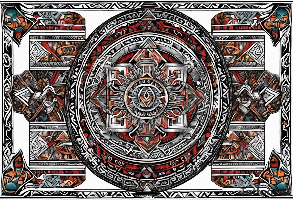 Viking geometric tapestry tattoo idea