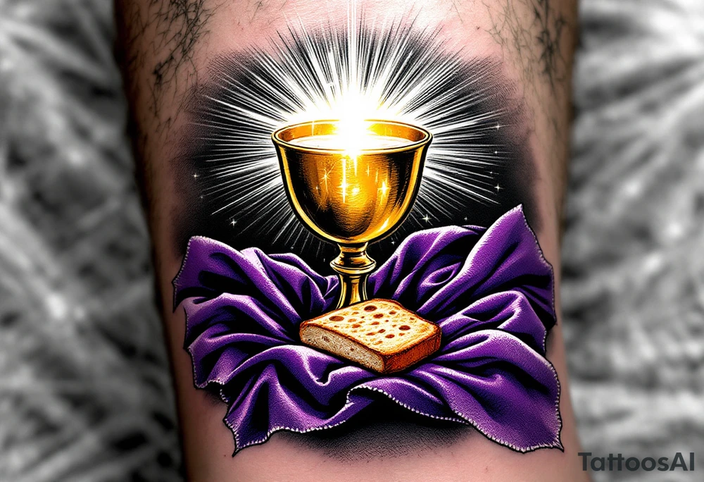The Sacrament of Communion – A golden chalice with a slice of bread resting on a deep purple cloth, surrounded by holy light. tattoo idea