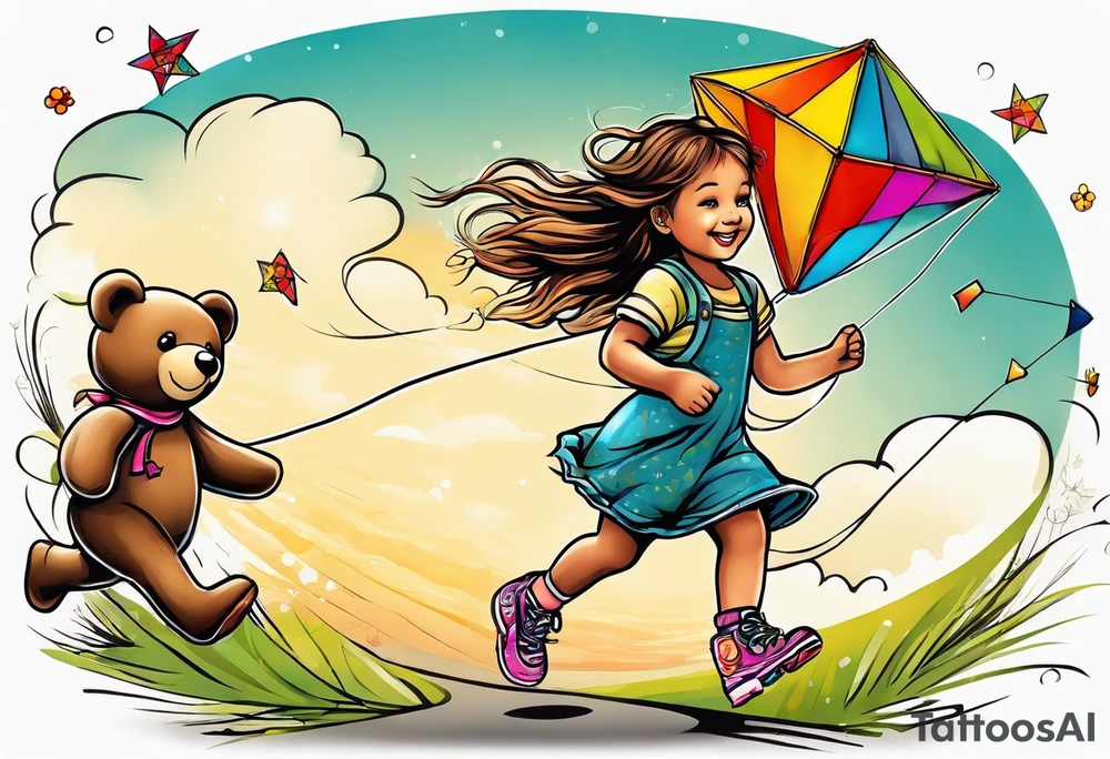 a little girl running with a kite and a teddy bear on roller skates following her with the words "Go Fly A Kite" tattoo idea