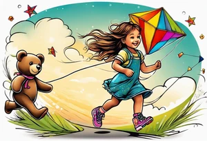 a little girl running with a kite and a teddy bear on roller skates following her with the words "Go Fly A Kite" tattoo idea