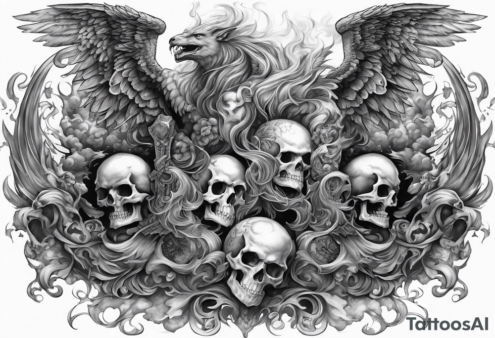 Angels fighting demons full sleeve with skulls and fire and smoke for filler tattoo idea