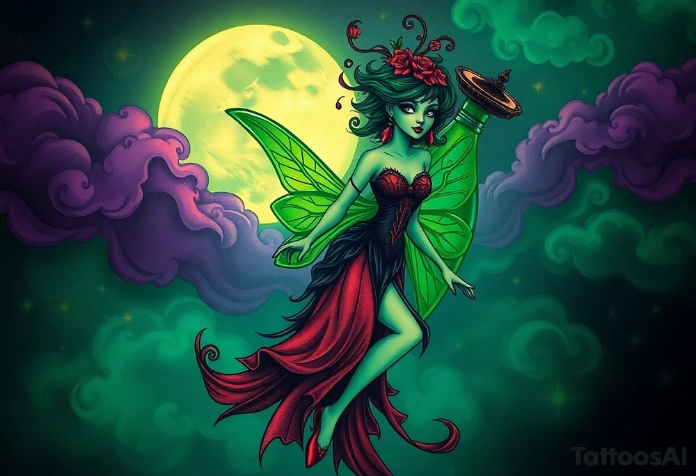 Tim Burton’s kelly doty pin up style Vintage Parisian elegant and hauntingly beautiful yet eerie full body absinthe Green Fairy dances outside her victorian crystal decatur she was once inside this elaborate ornate bottle absinthe bottle Absinthe Art Nouveau   and dripping with muted reds, dusty pinks, and eerie green glow.purple and cyan smokey clouds swirl in the crescent moonlit sky thats sprinkled with stars tattoo idea