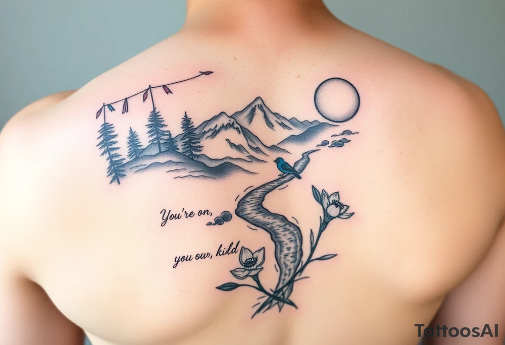 upper arm tattoo with buddhist prayer flags, mountain, river, "you're on your own, kid", little blue bird, daffodil, and full moon tattoo idea