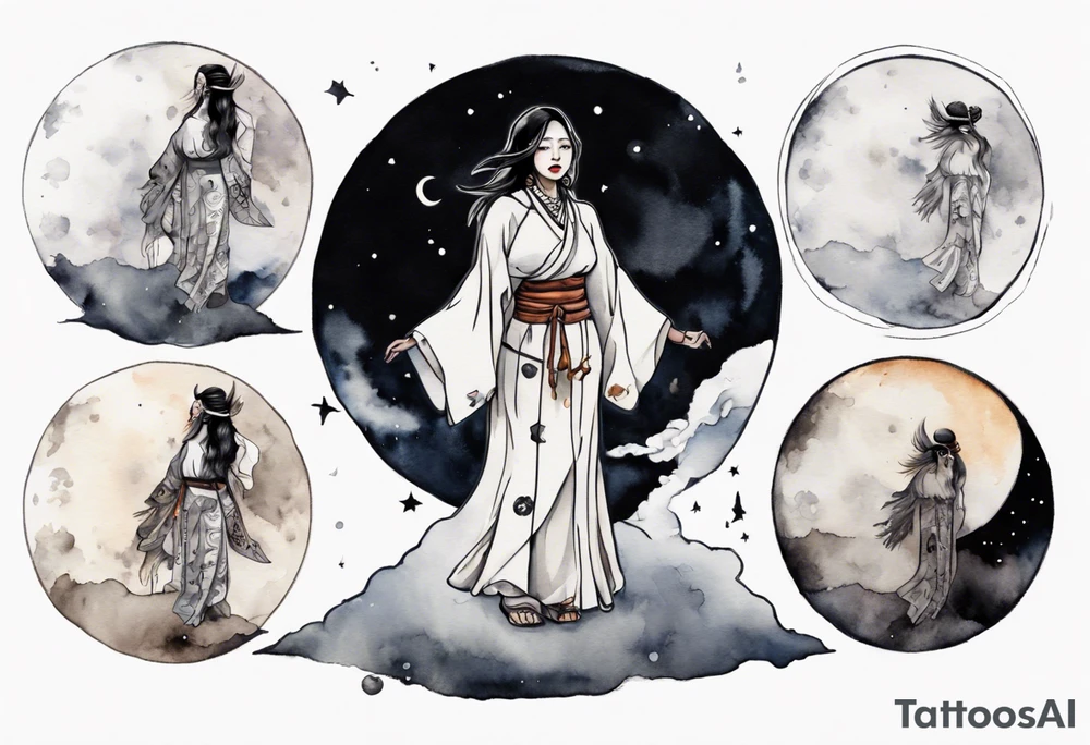 an indigenous woman wearing black and white robes standing on the moon tattoo idea