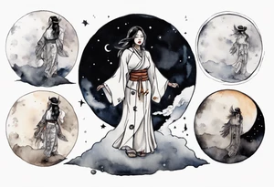 an indigenous woman wearing black and white robes standing on the moon tattoo idea