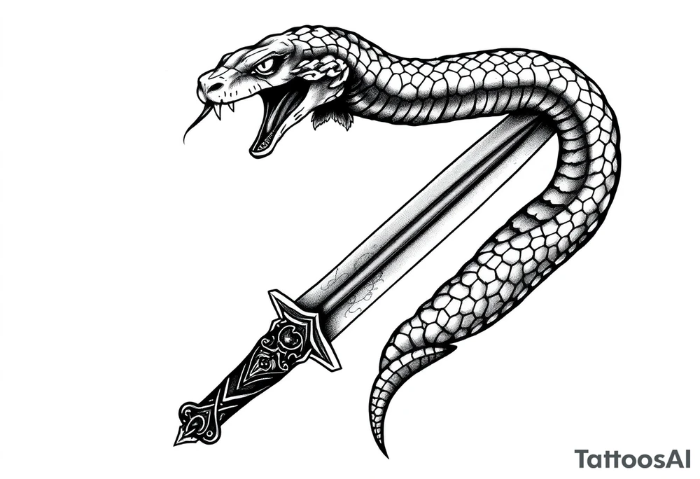 mystical snake coiled around an ancient dagger with jeweled hilt tattoo idea