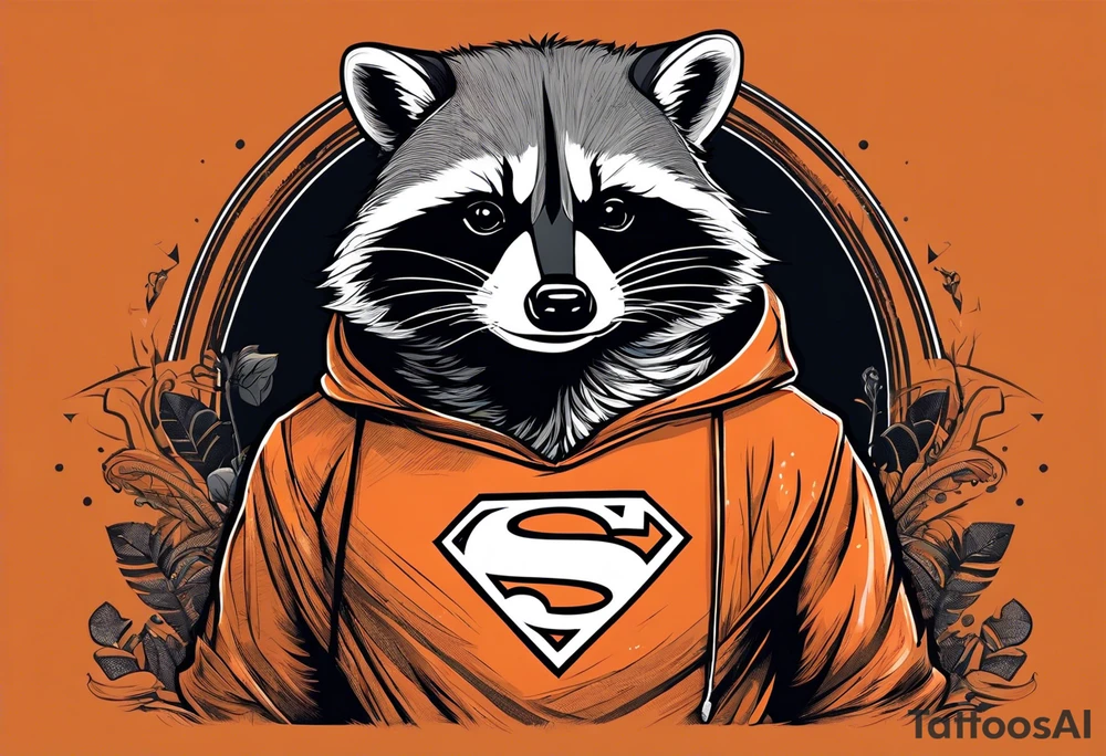 Raccoon wearing an orange Superman hoodie tattoo idea