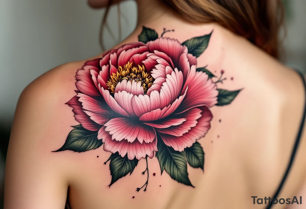 ChatGPT řekl:
A vibrant peony tattoo featuring lush, layered petals in deep crimson and soft blush pink, with dark green leaves edged in black for bold contrast and subtle white highlights to add depth and realism. tattoo idea