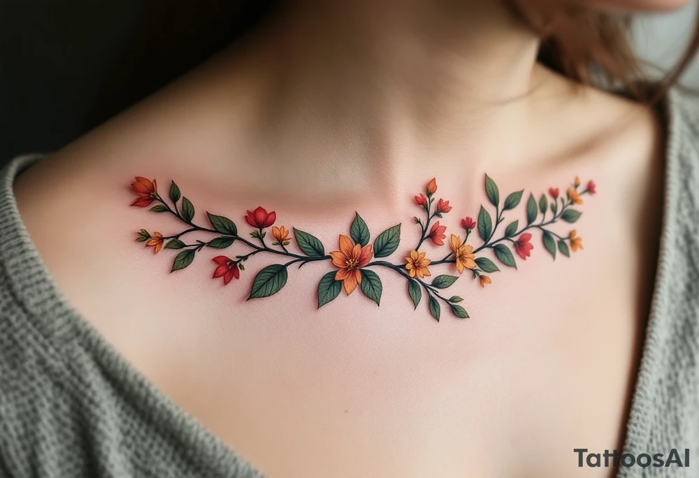 Two separate collarbone tattoos of long, stems and branches covered with red, orange, yellow and dark forest green leaves and flowers, academia, witchy, muted, delicate and gentle but moody, following the collarbone. More muted, not so bright, darker colors. Fewer amount of leaves, larger leaves. Less flowers and leaves. tattoo idea