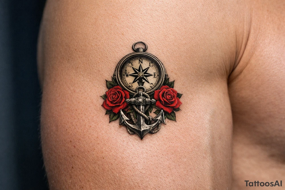 a compass under it an anchor and roses. tattoo idea