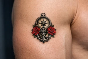 a compass under it an anchor and roses. tattoo idea