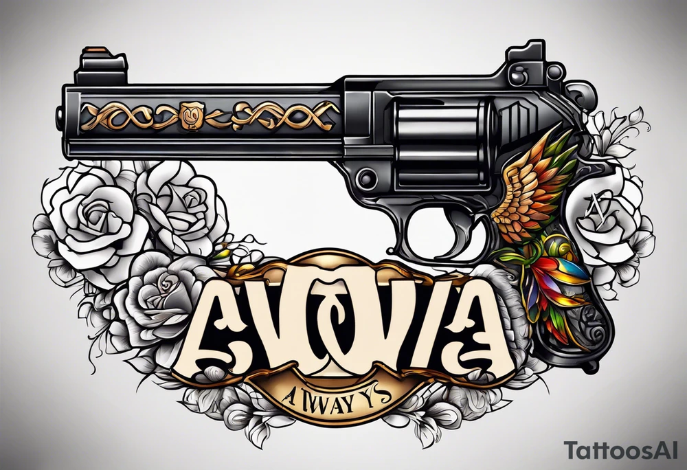 The letters AR with a pistol on each side and the word always on the top and ready on the bottom tattoo idea