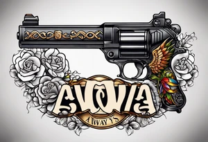 The letters AR with a pistol on each side and the word always on the top and ready on the bottom tattoo idea