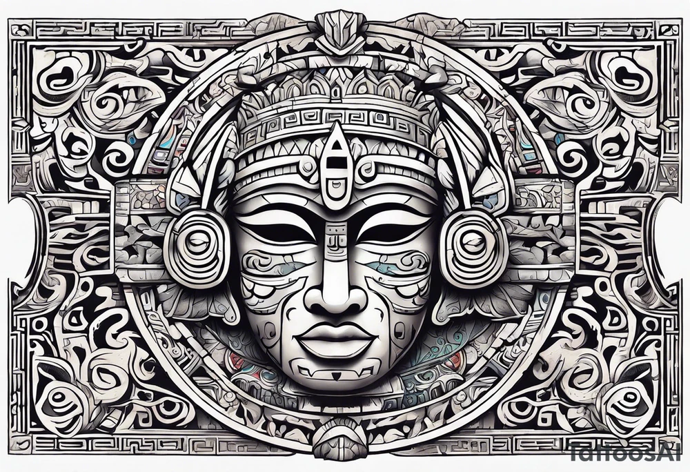 Mayan hieroglyph face with caves and bats tattoo idea