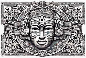 Mayan hieroglyph face with caves and bats tattoo idea