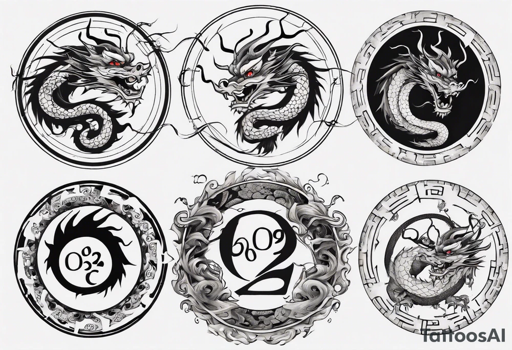 Chinese dragon in a circular shape with "02.03" written on its skin tattoo idea