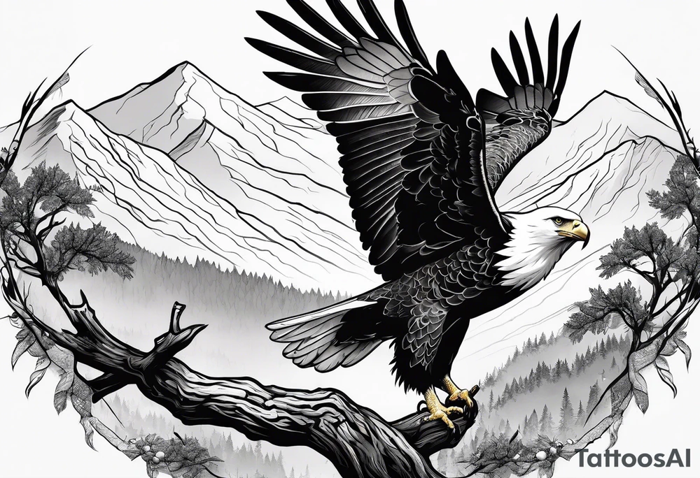 Eagle hunting a White Dove on a tree limb in the mountains tattoo idea