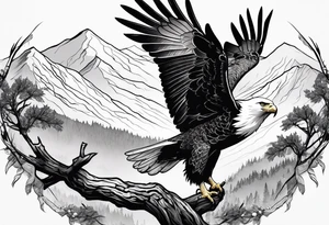 Eagle hunting a White Dove on a tree limb in the mountains tattoo idea
