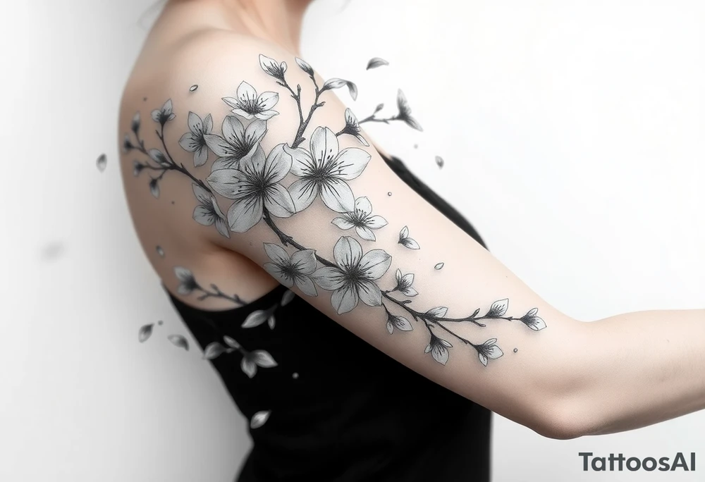 delicate cherry blossoms swirling in spring breeze with petals tattoo idea