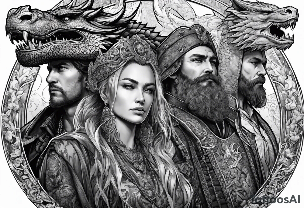 Three Russian heroes holding a dragon on a chain tattoo idea Three Russian heroes holding a dragon on a chain tattoo idea