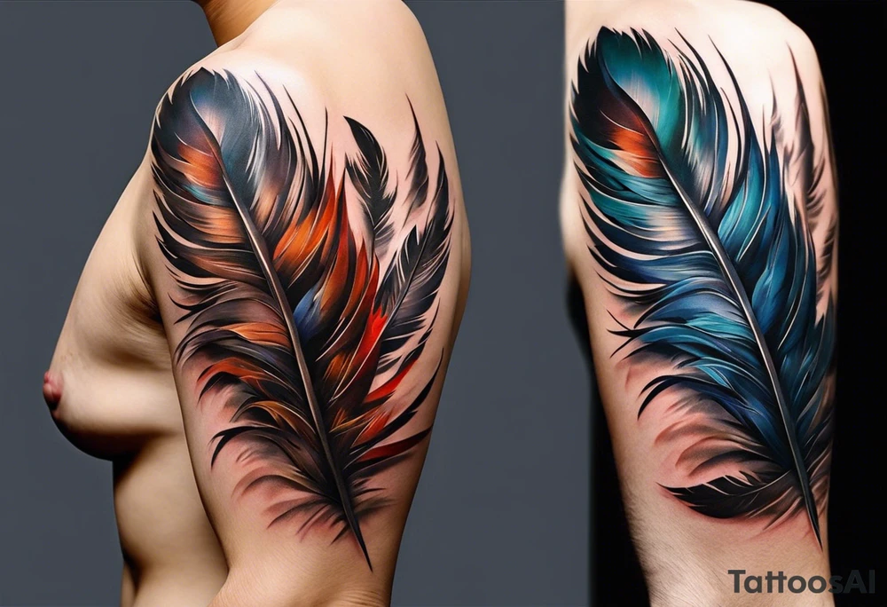 The tattoo begins on the left arm, at the elbow, where feathers are flying under the action of the wind towards the left hand. These feathers share the air space with branches that have leaves, and both elements move together up the left arm. As they approach the shoulder, some lightning appears between them. At this point, the feathers start to converge toward the left chest, where a vortex of energy reveals the head of an owl. The branches converge toward the left side of the back, passing over the shoulder. On the left side of the back, there is a dense, psychedelic element representing the energy of life's creation, with references to the earth, element, and planet. There is also a clay house in this area. tattoo idea