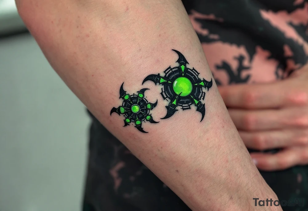 A sleek exo-arm design in carbon fiber black and electric green, with overlapping panels mimicking armor across the fingers. tattoo idea
