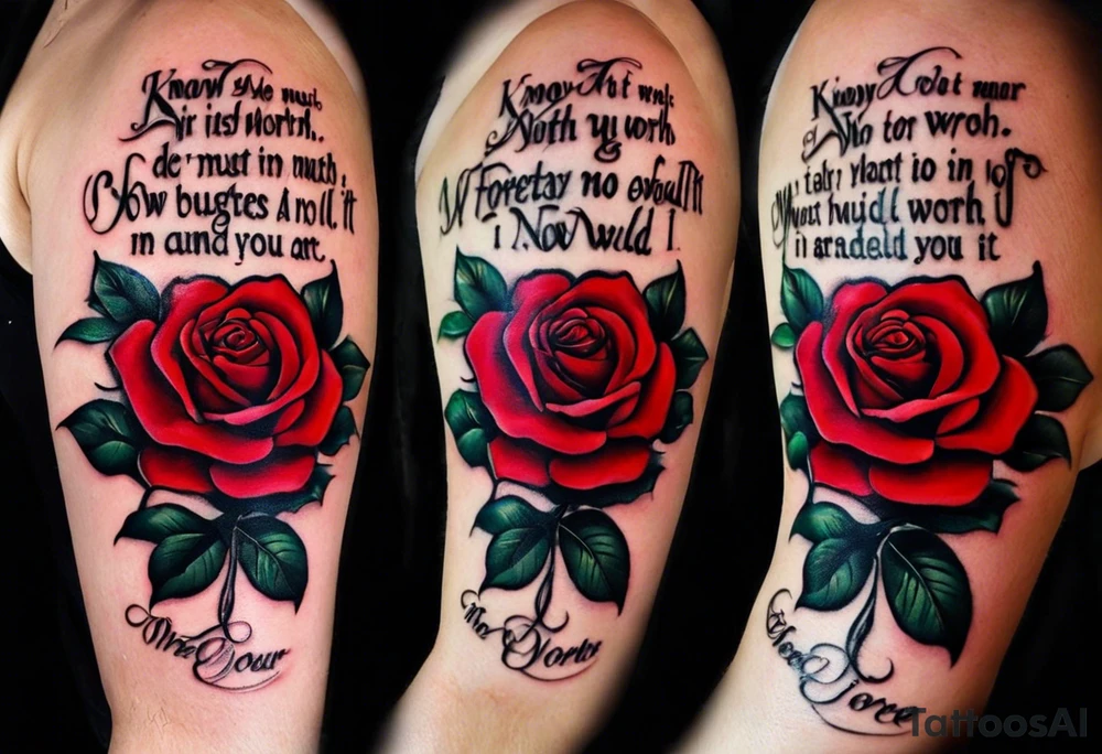 Cross that in the middle of it says “know your worth as well” and under it I would like my dads birthday the 30th of August 1966 and under that a rose and i would like it on my forearm and it must not be too big and there must be no color tattoo idea