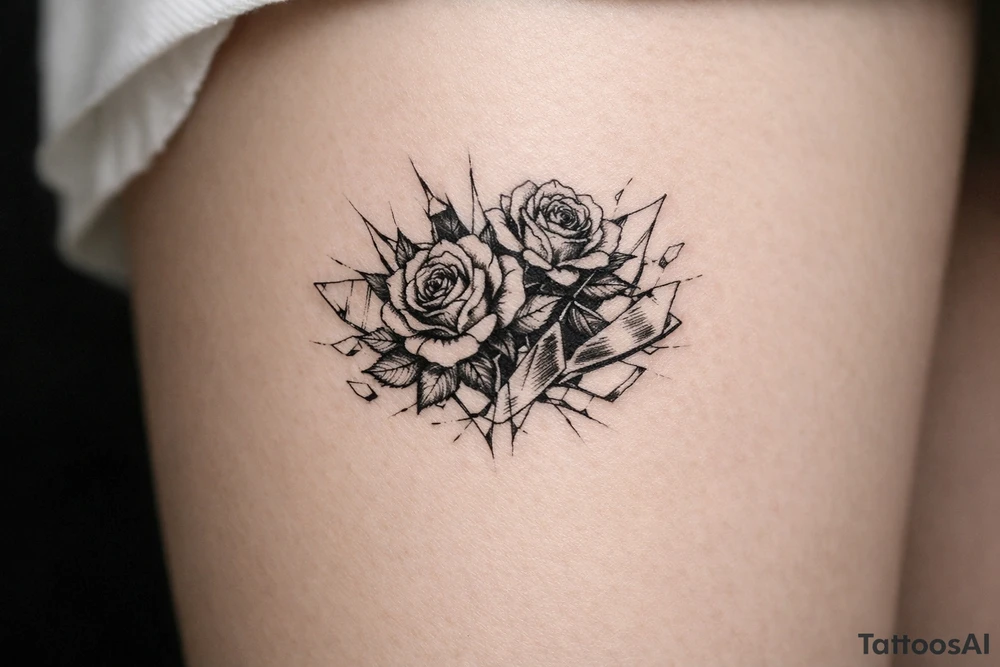 Close-up of dark roses bursting through shattered mirror shards, moody chiaroscuro lighting. tattoo idea