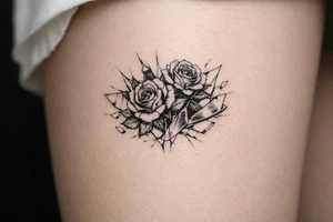 Close-up of dark roses bursting through shattered mirror shards, moody chiaroscuro lighting. tattoo idea