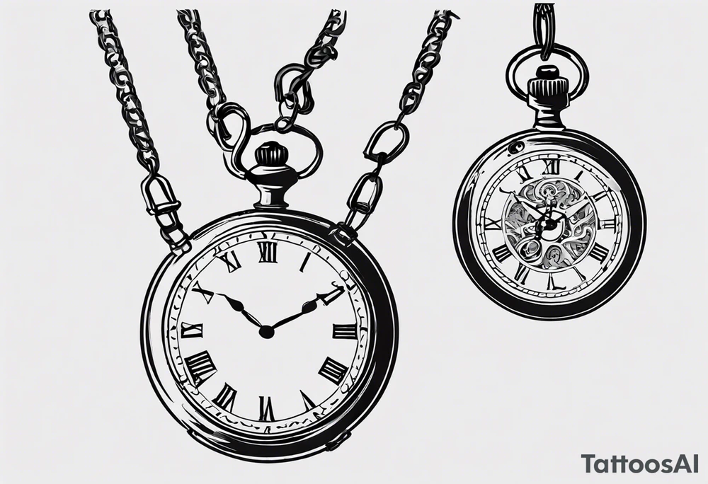 Pocket watch with chain, Roman numerals, date in Roman numerals inside timepiece, classic, elegant, traditional tattoo idea