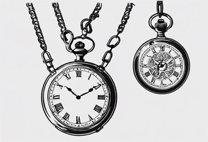 Pocket watch with chain, Roman numerals, date in Roman numerals inside timepiece, classic, elegant, traditional tattoo idea