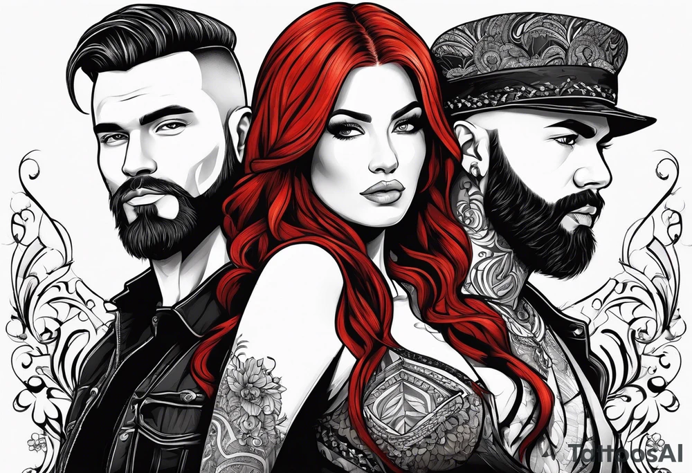 Busty red haired woman with a bearded man who has black hair tattoo idea