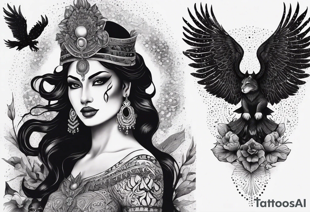 black kali, goddess pirate, alien, angel, pachamama, valkrye, warrior, flying, skull, lotus azul, wing, eagle, zenza resonance, stars, 5D, anahata chakra, death, durga, riding on a tiger, flying lady, kundalini, chest tatoo, samuri, rebel, serpent tattoo idea