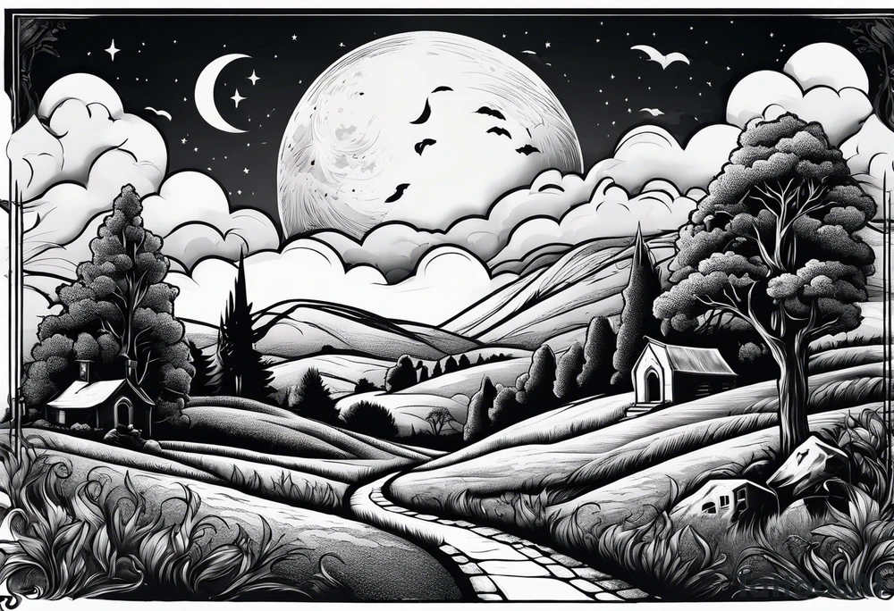Cemetery on hills with smoke and moon tattoo idea