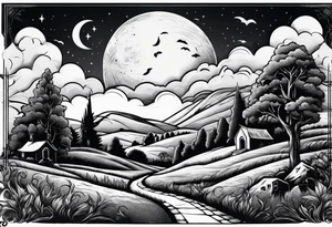 Cemetery on hills with smoke and moon tattoo idea
