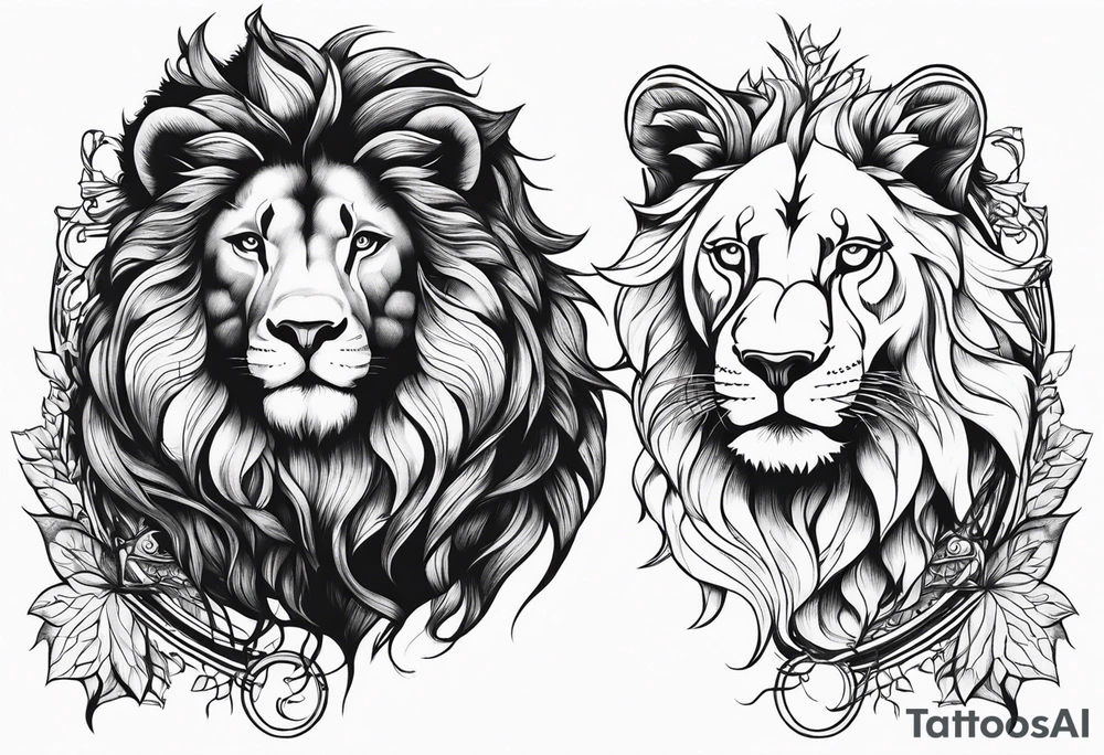 Wiccan Tree of life arm tattoo into woman and a fierce lion tattoo idea